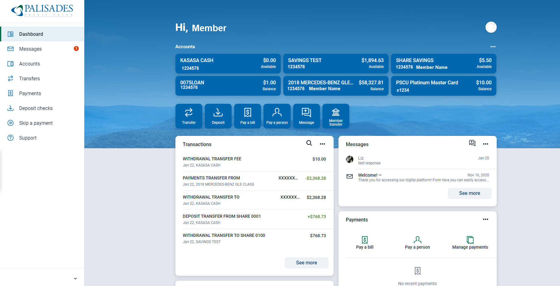 Screen shot of Palisades CU online banking interface with deposit and loan account information